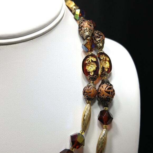 Western Germany Art Bead Floral Necklace, Two Strands, Button Box Clasp, 1950s - Picture 5 of 10